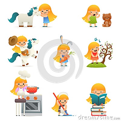 Little Happy Girl Smiling Child Icon Set Concept Isolated Flat Design Vector Illustration Vector Illustration
