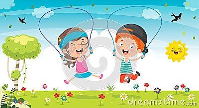 Little Happy Kids Skipping Rope Vector Illustration