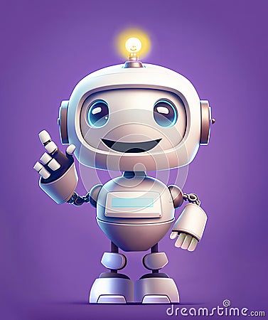 Little happy robot mascot with finger pointing up over blue background, generative AI illustration Cartoon Illustration