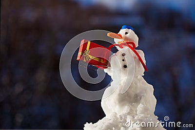 Little happy snowman with christmas gift box outdoor. Winter season. Stock Photo