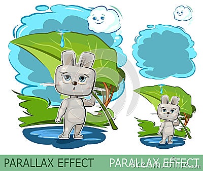 Little hare and rain. Set of slides for parallax effect. Isolated on white background. Funny cartoon style. Picture Vector Illustration