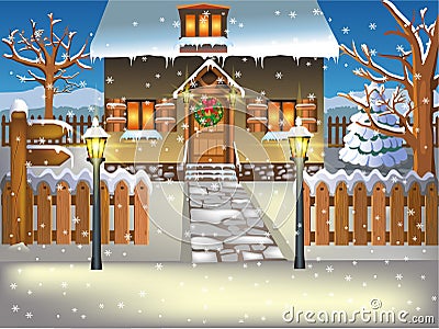 Little house covered by snow in winter season Vector Illustration