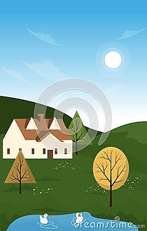 Little House Hill Lake Beautiful Summer Rural Nature Landscape Card Vector Illustration