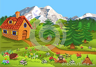 Little house in the middle of the nature with fir trees and flowers all around Vector Illustration