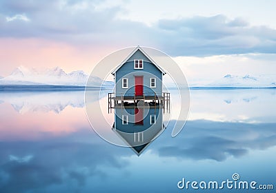 A little house in the middle of the water with mountains in the background. Color palette with the essence of nature. Winter time Stock Photo