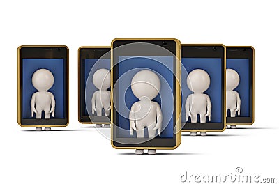 5 little human characters in mobile phone.3D illustration. Cartoon Illustration