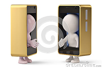 2 little human characters in mobile phone to shake hands.3D illustration. Cartoon Illustration
