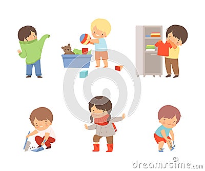 Little independent children set. Boys and girls getting dressed, cleaning up toys, sweeping floor, tying shoelaces Vector Illustration