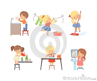 Little independent children set. Boys and girls washing, dishes, hanging clothes out to dry, mopping floor, watering Vector Illustration