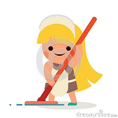 Little Independent Housewife Happy Girl Wash Floor Mother Helper Vector Illustration