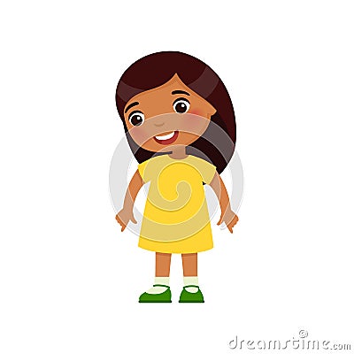 Little Indian girl looks down and shows of her fingers down. Vector Illustration