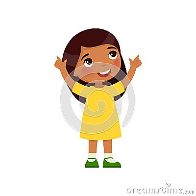 Little Indian girl looks up and shows her fingers up. Vector Illustration