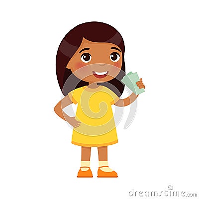 Little Indian girl with money in hand. Rich happy child holding banknotes cartoon character. Vector Illustration
