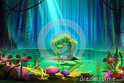 A Little Island in the Middle of the Lake inside the Deep Forest Stock Photo