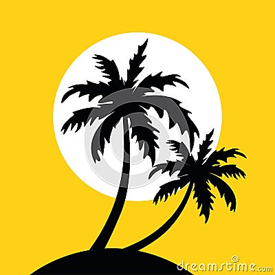 Little island with palm trees and sun on yellow background Vector Illustration