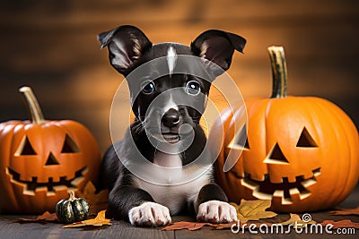 Little jack russell terrier puppy with jack lanterns and pumpkins. Generative AI Stock Photo