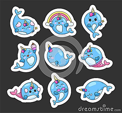 Little kawaii whale unicorn. Sticker Bookmark Vector Illustration