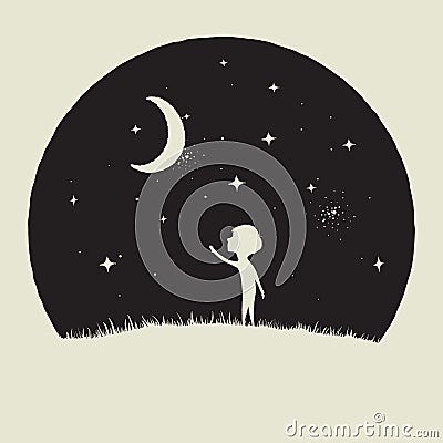 Little kid boy looks to crescent Moon Vector Illustration