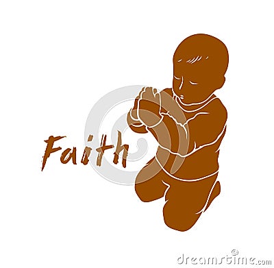 Little kid boy praying vector silhouette illustration isolated on white, child standing on the knees Vector Illustration