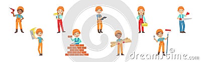 Little Kid Builder Character Wearing Hard Hat with Construction Tool Executing Work Vector Set Vector Illustration