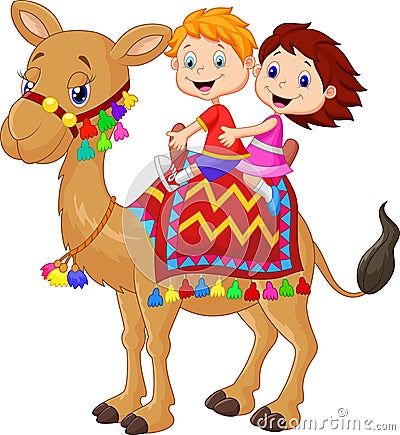 Little kid cartoon riding decorated camel Vector Illustration