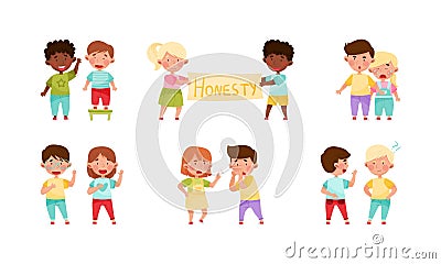 Little Kid Characters Playing Fair and Honestly Vector Illustration Set Vector Illustration