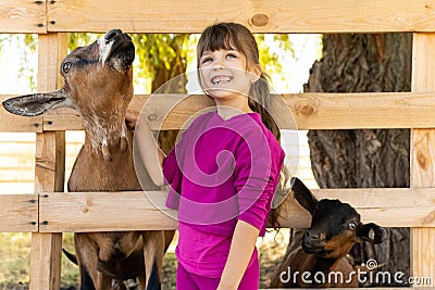 Little kid girl with domestic goat. Zoo, farm, love animal concept. Stock Photo