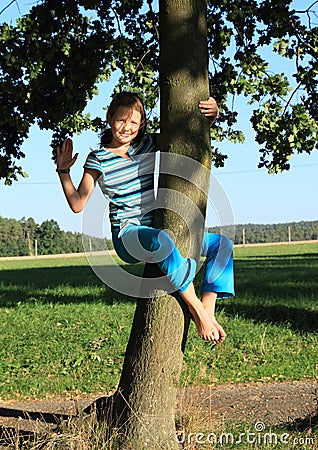 Little kid - girl hanging on trunk Stock Photo