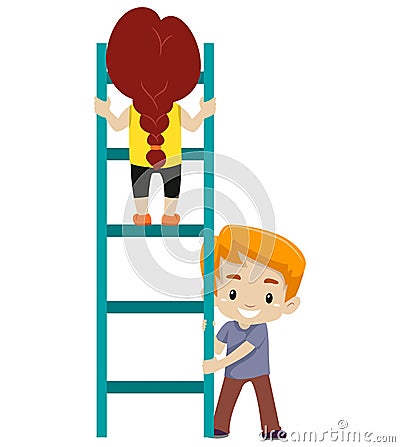 Little kid Helping each other to climb up the Ladder Vector Illustration