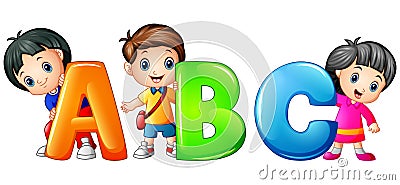 Little kid holding ABC letter isolated on white background Vector Illustration