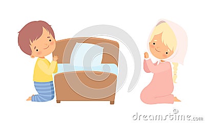 Little Kid Kneeling Beside His Bed and Praying with Folded Hands Vector Set Vector Illustration