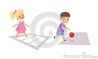 Little Kid Pedestrian Learning Road Sign and Traffic Rule Crossing Crosswalk and Playing Ball on Roadway Vector Set Vector Illustration