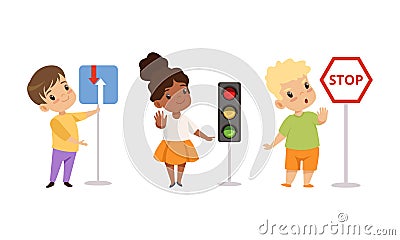 Little Kid Pedestrian Learning Road Sign and Traffic Rule Vector Set Vector Illustration