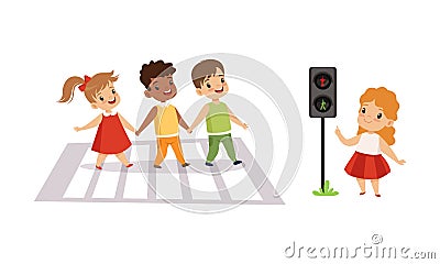 Little Kid Pedestrian Learning Road Sign and Traffic Rule Walking Across Crosswalk Vector Set Vector Illustration