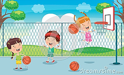 Little Kid Playing Basketball Outside Vector Illustration