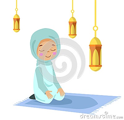 little kid prostration for praying of Muslim Vector Illustration