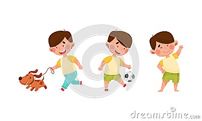 Little kid daily routine. Cute boy doing morning exercise, playing soccer and walking with dog cartoon vector Vector Illustration