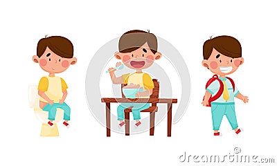 Little kid daily routine. Cute boy sitting on toilet bowl, having breakfast and walking at school cartoon vector Vector Illustration