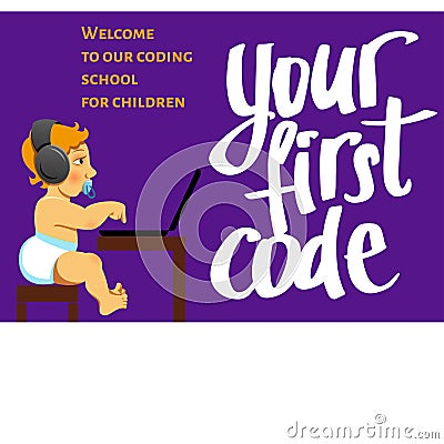 A little kid sitting at the table with a laptop. Cartoon vector illustration about children coding. Your first code Vector Illustration