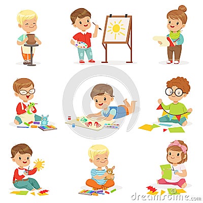 Little Kids In Art Class In School Doing Different Creative Activities, Painting , Working With Putty And Cutting Paper. Vector Illustration
