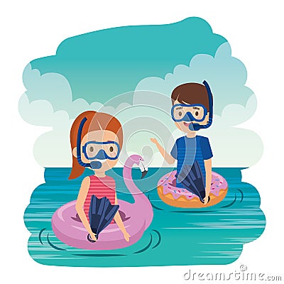 little kids couple with floats and snorkels in the sea Cartoon Illustration