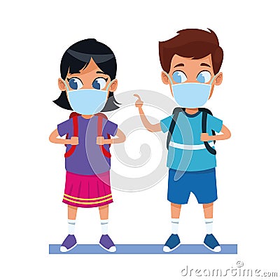 Little kids couple using face masks for covid19 Vector Illustration