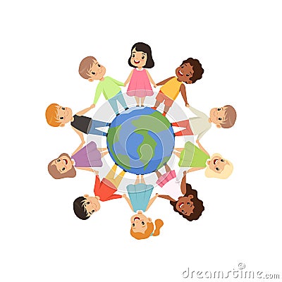 Little kids of different nationalities standing and holding hands around the Earth globe, friendship, unity concept Vector Illustration