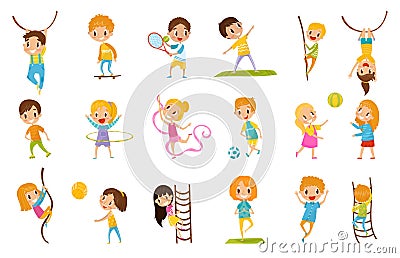 Little Kids Doing Sport Hanging Rope, Climbing Ladder, Playing Ball, Yoga and Gymnastics Vector Set Stock Photo