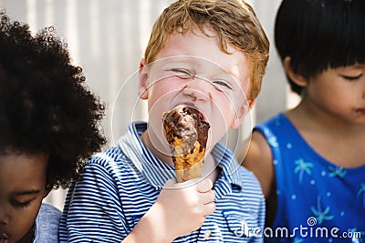 Little kids eating yummy ice cream Stock Photo