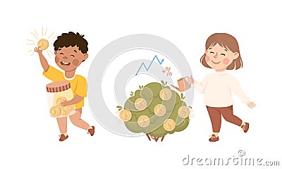 Little Kids Engaged in Economic Education and Financial Literacy Learning Saving and Investing Money Vector Set Vector Illustration