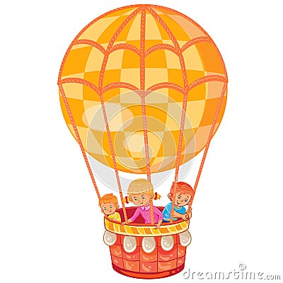 Little kids fly on the big air balloon Vector Illustration