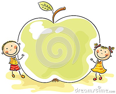 Little kids with a giant apple Vector Illustration