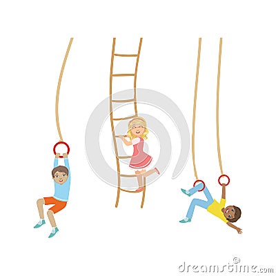 Little Kids Hanging on Rope Ladder and Ring Swinging Vector Set Vector Illustration