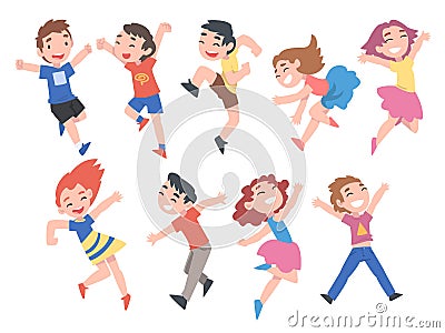 Little Kids Having Fun Set, Cute Happy Preschooler Boys and Girls Wearing Casual Clothes Happily Jumping Cartoon Style Vector Illustration